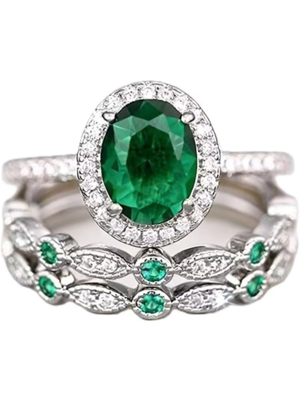 Elegant Three-in-One Oval Halo Wedding Band Set - Green Emerald & CZ Rings Size